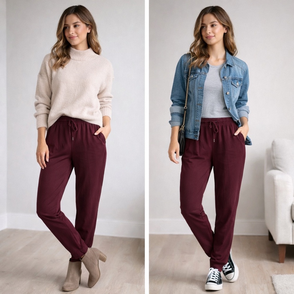 Burgundy Joggers with Elastic Waistband and Ankle Cuffs